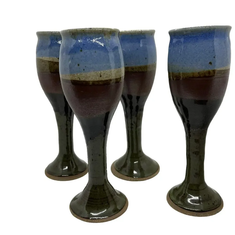 Wine Goblets Flutes Set of Four Ceramic Handmade 1984 Vintage Blue Brown Retro